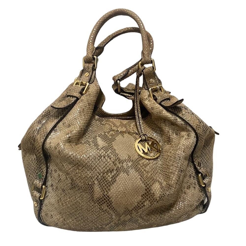 Michael Kors Beige Python Effect Leather and Suede Bedford Hobo Purse Tote Bag - Picture 8 of 16